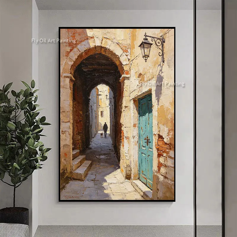 Rustic Italy Narrow Alley Wall Painting, Stone Archway & Vintage Street Lamp, Textured Vertical Canvas Art for Entry Decor