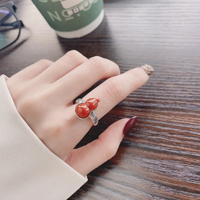 925 Sterling Silver Ring Women High Quality Fine Jewelry Large Gourd Shape Red Agate Gemstones New In Adjustable Ring Trend 2024