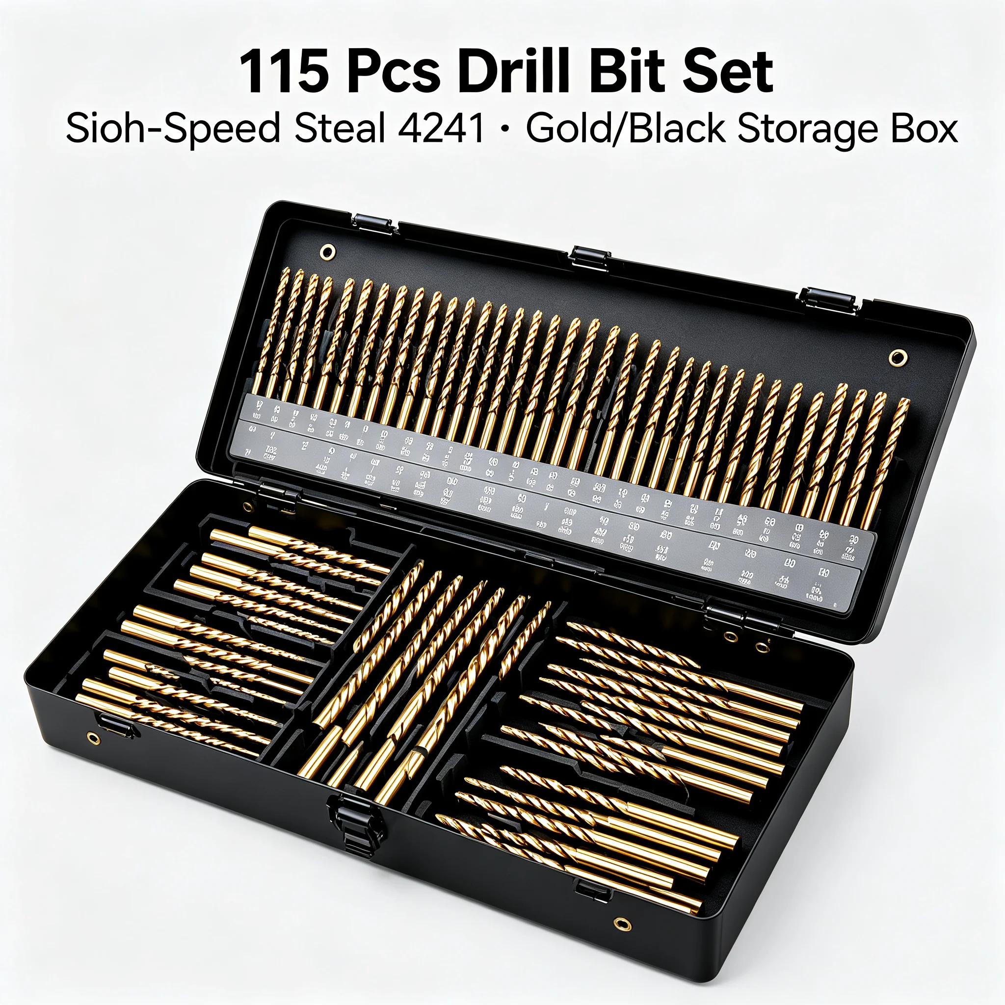 115 Pcs Drill Bit Set High-Speed Steel 4241, 118° Self-Centering Point Round Shank Drill Bits for Metal Wood Plastic, Durable Storage Box with Size Labels, Gold/Black