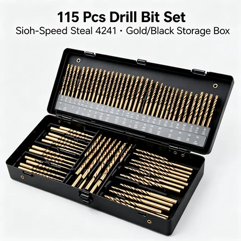115 Pcs Drill Bit Set High-Speed Steel 4241, 118° Self-Centering Point Round Shank Drill Bits for Metal Wood Plastic, Durable Storage Box with Size Labels, Gold/Black