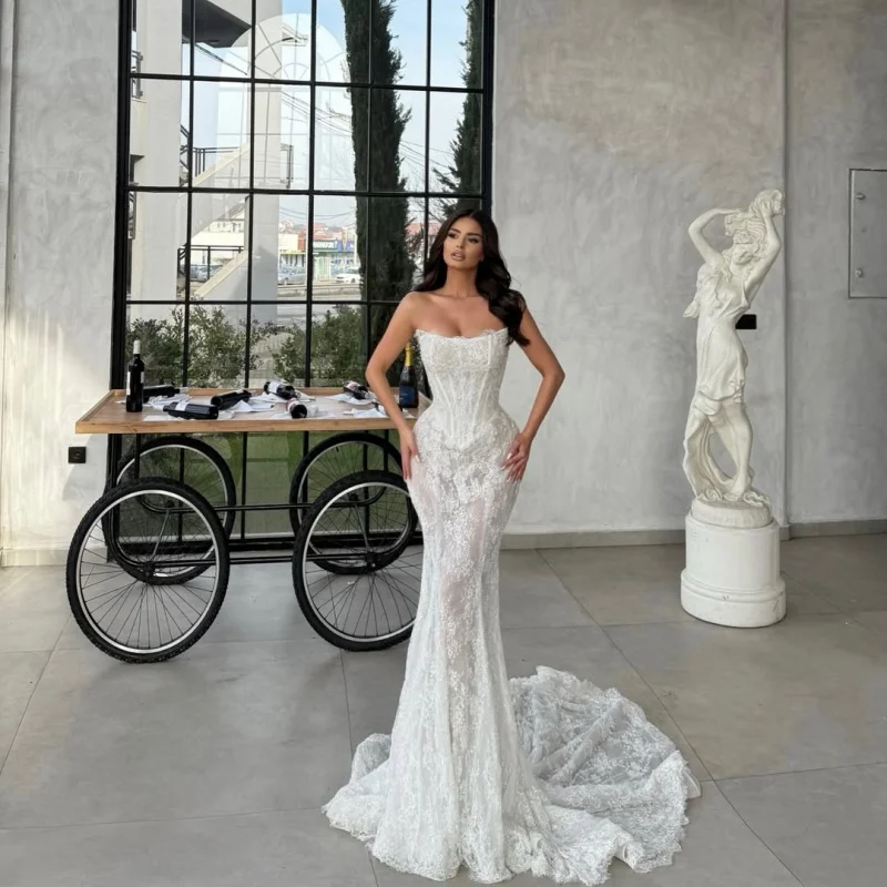 Luxury Fashion Mermaid Strapless Lace Cape Sequin Embroidery Fabric Mesh Slim Fitting Evening Prom Party Wedding Bridal Dress