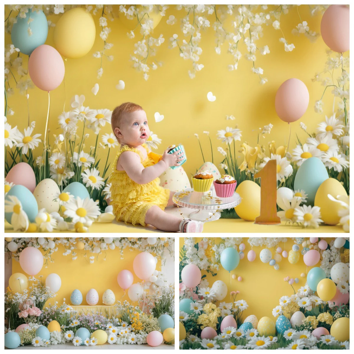 

Baby Girl 1st Birthday Backdrop Photography Yellow Wall Easter Flower Eggs Cake Smash Party Decor Background Photobooth Props