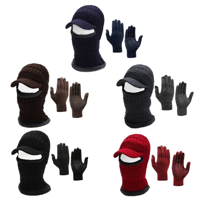 Winter Hat Thermal Knit Cap Men Women Warm Scarf All-in-one Thickened Hat Gloves Outdoor Cycling Running Neck Protect Caps