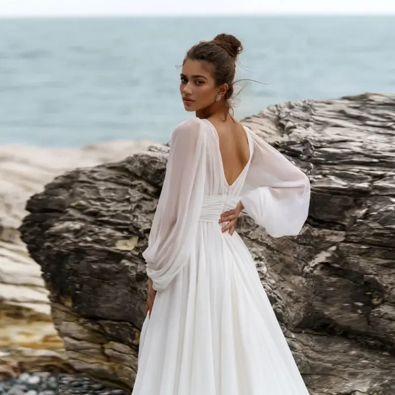 Sexy High Split Long A-line Wedding Dress For Women Bride Beach V-Neck Lace Bridal Gowns Long Puff Sleeve Robe De Marié