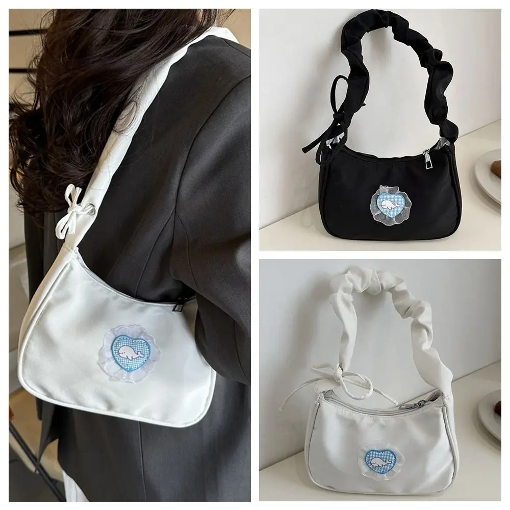 

Simple Bow Canvas Underarm Bag Love Nylon Pleated Strap Shoulder Bag Sling Bag Handbag Hobo Bag Outdoor