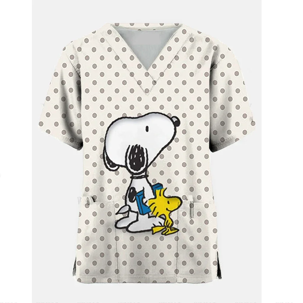 Clinic Hospital Nurse Working  PEANUTS Snoopy print T-shirt Womens V-Neck Pocket Medical Uniforms Nursing Tops Working Clothing