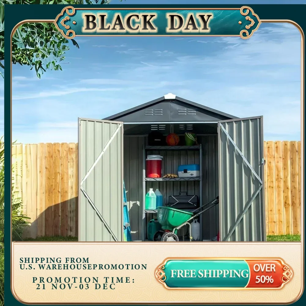 6x4 metal outdoor galvanized steel storage shed with swinging double lock doors, used for storing bicycles in the backyard, etc