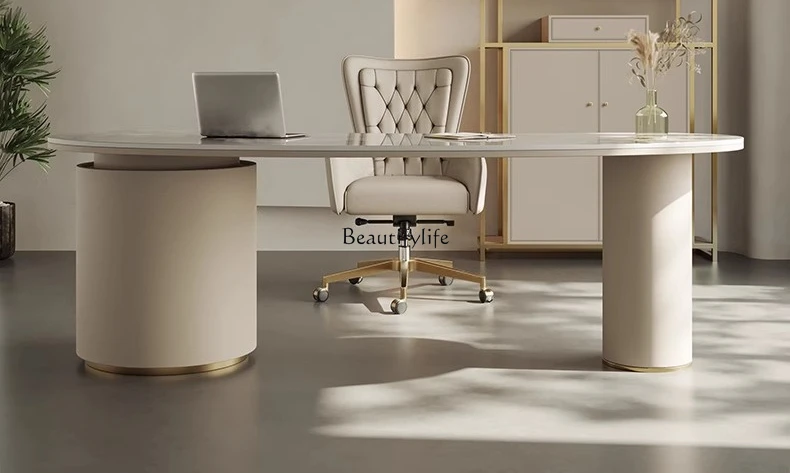 

Cream style desk light luxury high sense modern curved rock slab desk