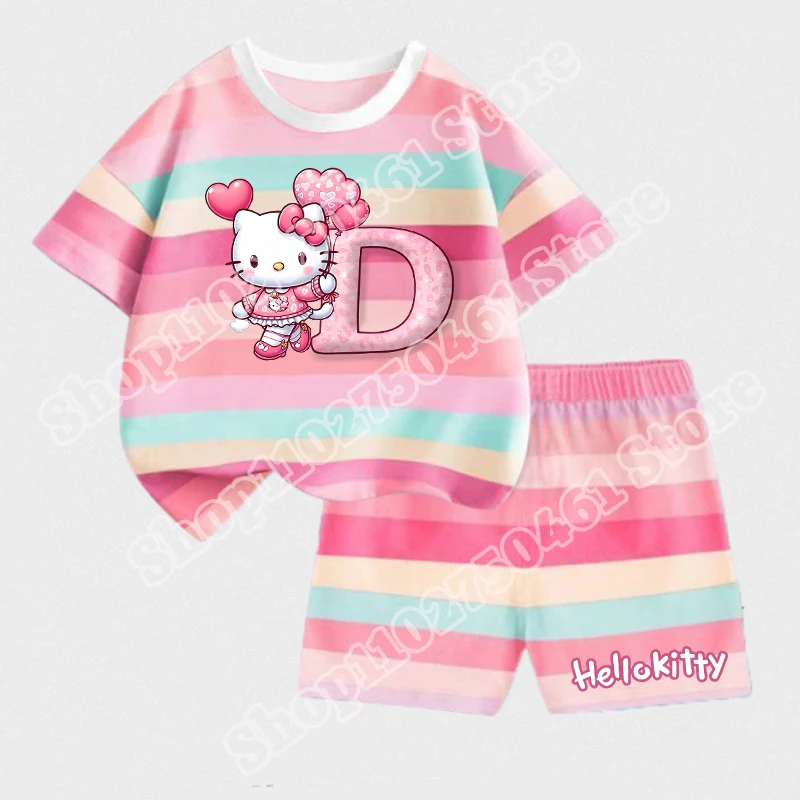سانريو مرحبا كيتي الطفل قصيرة مخطط مجموعة الفتيات الكرتون رسالة A-Z قطعتين دعوى Kawaii ملابس الاطفال عادية ملابس الصيف