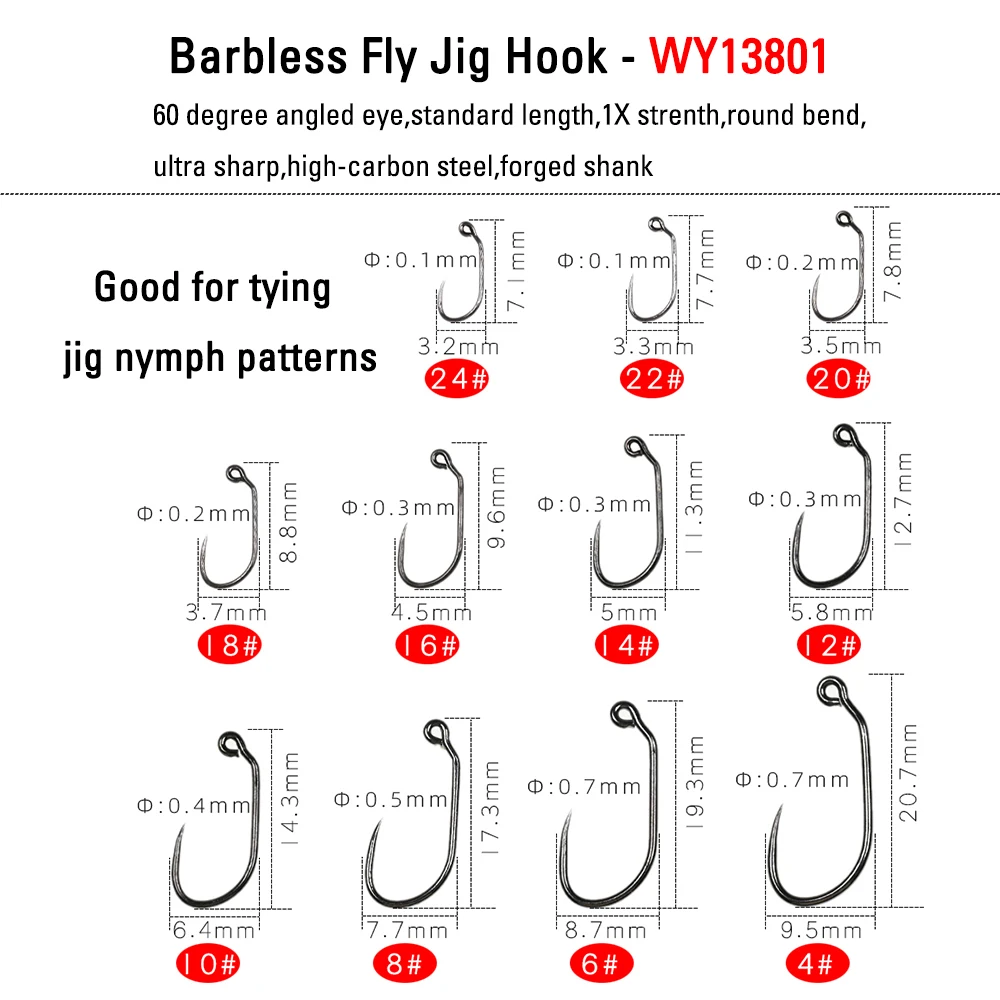 30PCS #24 -#4 Competition Barbless Fly Tying Jig Hook Fly Fishing Jig Nmyph Hooks Trout Salmon Fishhook Non-barbed