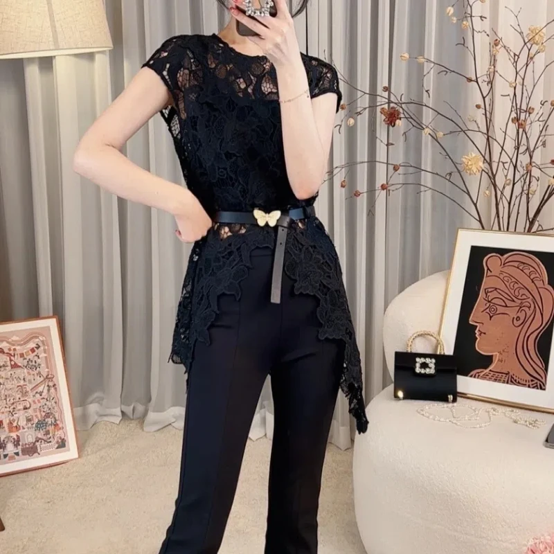 2024 Women's Round Neck Short Sleeved Irregular Western-style Sexy Hollow Out Lace Shirt for Women's Summer Office Lady Tops