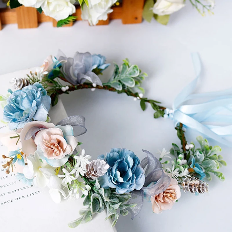 Blue Flower Hair Wreath Headband with Adjustable Ribbon Festivals Wedding Party Headpiece for Women Girl