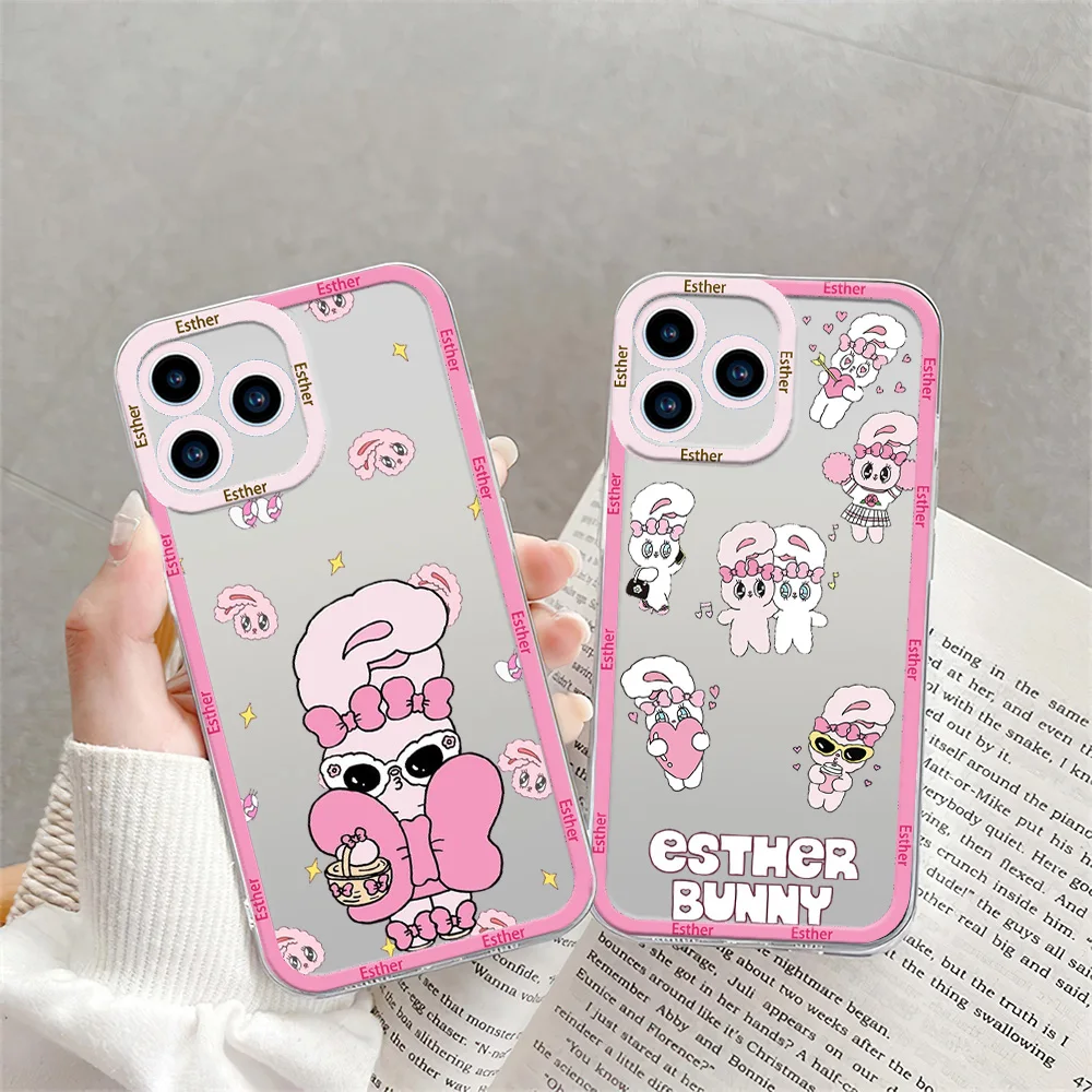 Cute Esther Bunny Phone Case for iPhone 12 11 13 14 15 16 Max Pro Plus Transparent Bezel Shell