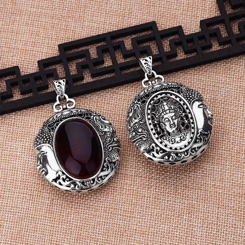 2026 Vintage Tibetan Silver Sweater Necklace, Buddha & Demon Design Long Crystal Large Pendant Fashion Jewelry