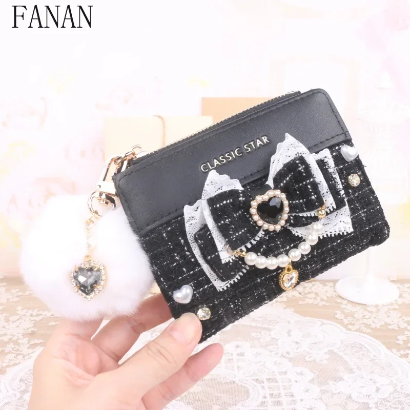 

Новые модные женские кошельки в стиле Лолиты, японские шахты, милые женские держатели с бантом, кружевной край, короткий кошелек со стразами, подарок для девочек