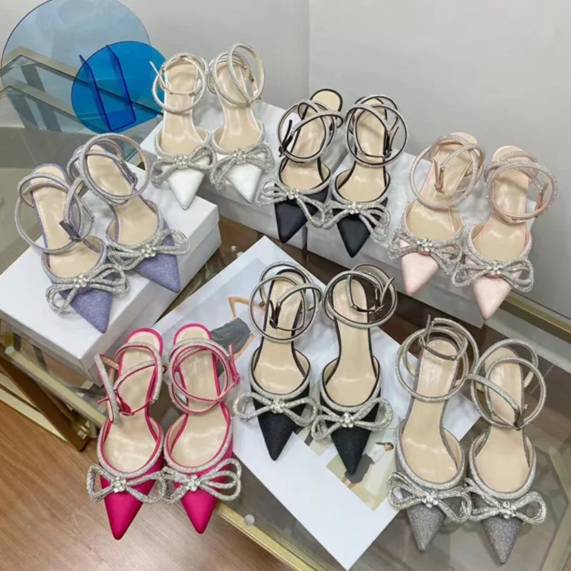 Summer Exaggerated Big bow-knot Satin Luxury Sparkling Rhinestone Women's Sandals Banquet Party Wedding High Heels