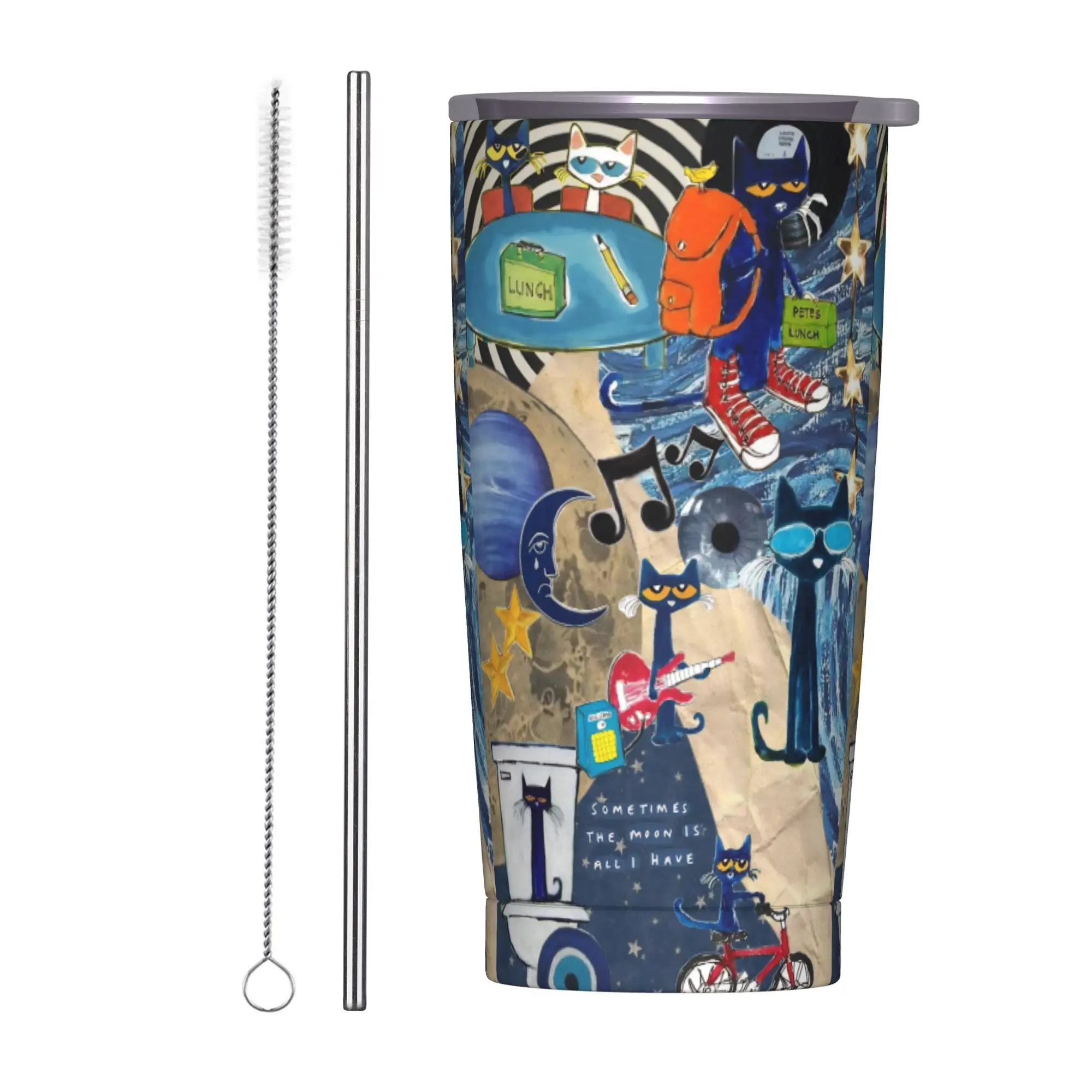 Pete the Cat  Insulated Tumbler with Straws Groovy Cat Vacuum Thermal Mug Outdoor Portable  Bottle Cups, 20oz