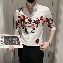 2024 Men's Summer New Patchwork Turndown Collar Button Printed Fashion Slim Fit Comfortable Versatile Casual Long Sleeved Shirts