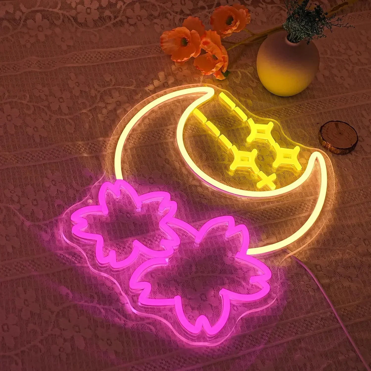 LED Sakura Moon Neon Sign Light for Wall Decor USB Powered Adjustable Brightness for Game Room Bedroom Living Room Decor Gift