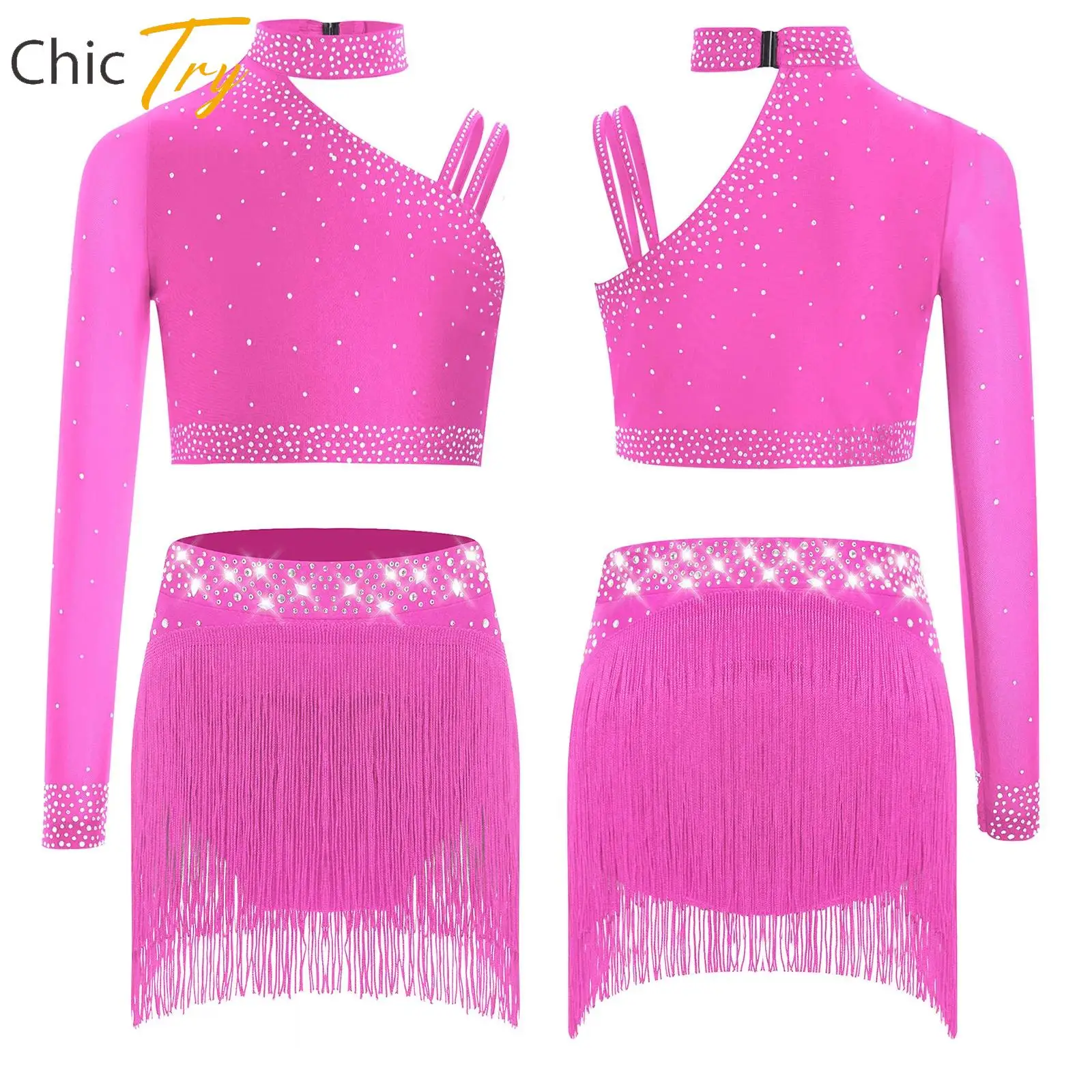Roupas de dança contemporânea lírica para crianças, meninas, strass brilhantes, top curto com saias, patinação artística, roupas de dança de balé