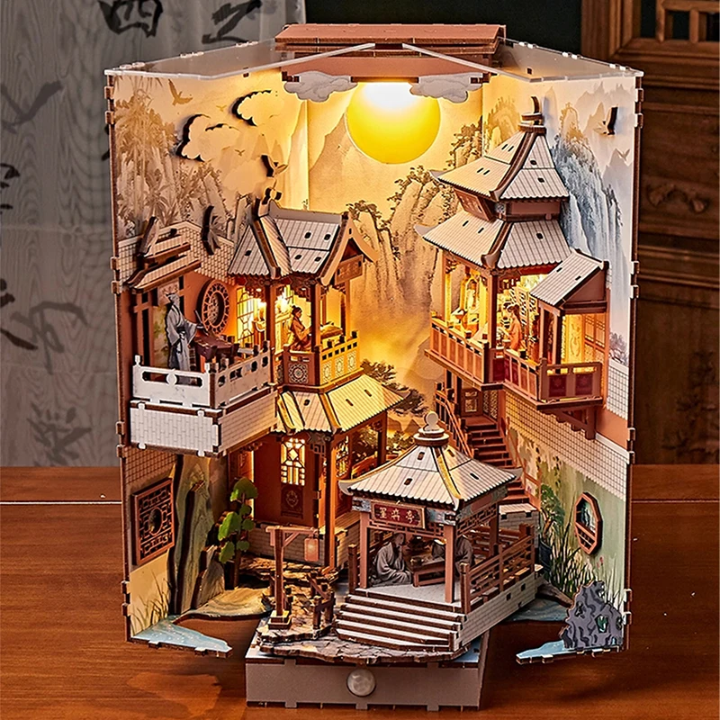 DIY Wooden Chinese Scholar Book Nook Shelf Insert Kits Miniature Model Kit With Light Bookend for Friends Birthday Gifts