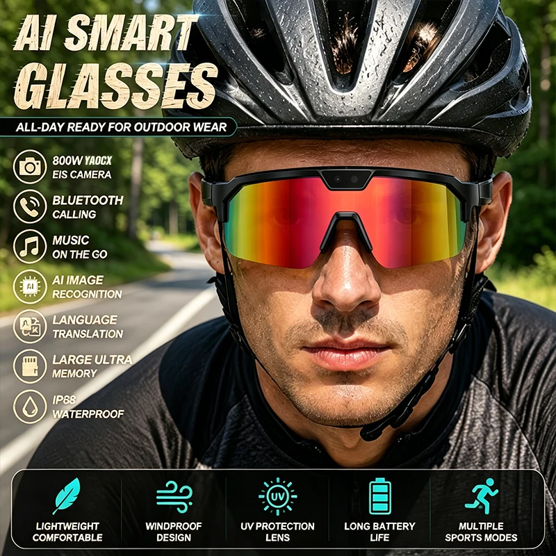 

2026 New AI Sports Camera Glasses 800W HD Camera UV Protection AI Voice Assistant Bluetooth Call Listening Music Smart Glasses