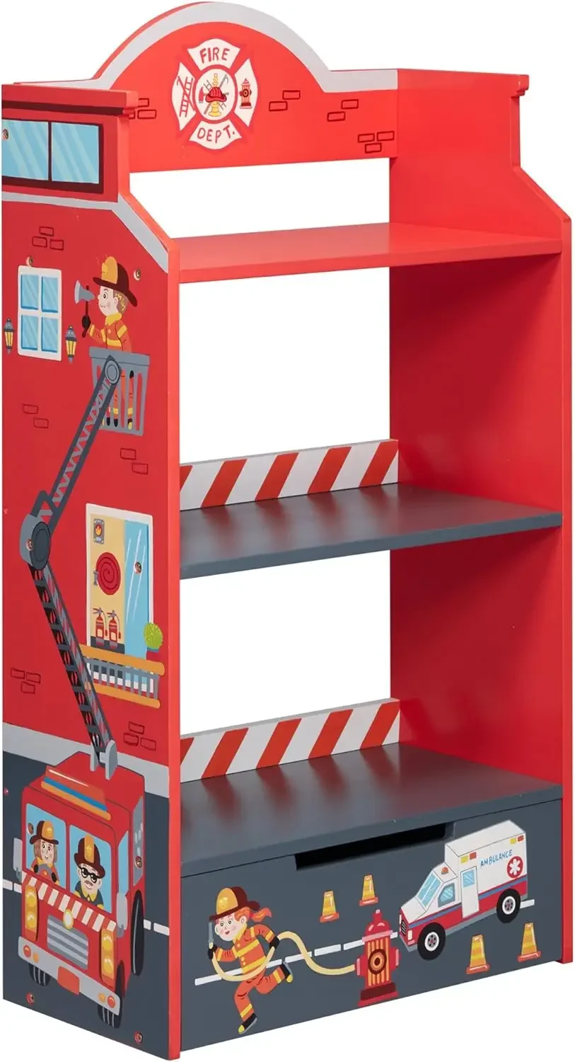 Fields Kids Bookcases, Little Fire Fighters Kids Wooden Bookshelf with Storage Drawer