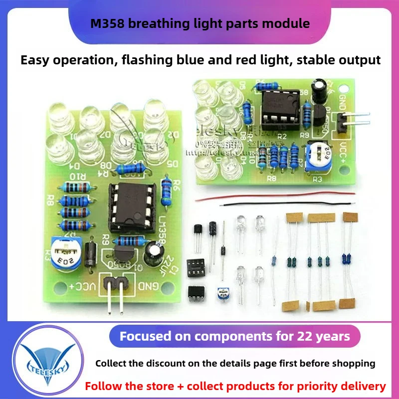 LM358 LED Breathing Light Kit Electronic Production Suite Electronic Kits DIY Parts Breath Light DIY Kit PCB Blue/Red Flashlight