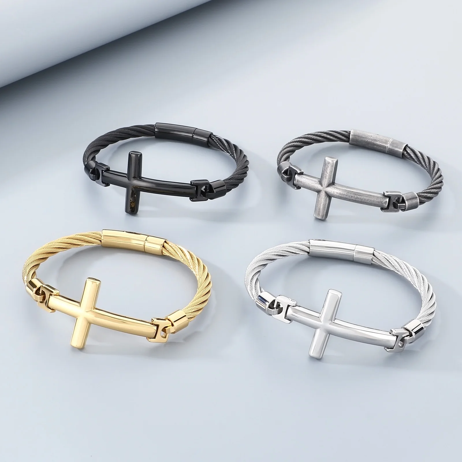 Fongten أسلاك الفولاذ الربط السلس الصليب الفولاذ المقاوم للصدأ الرجال الإسورة الهيب هوب الصبي تنوعا المعصم مجوهرات هدية عيد الميلاد #5