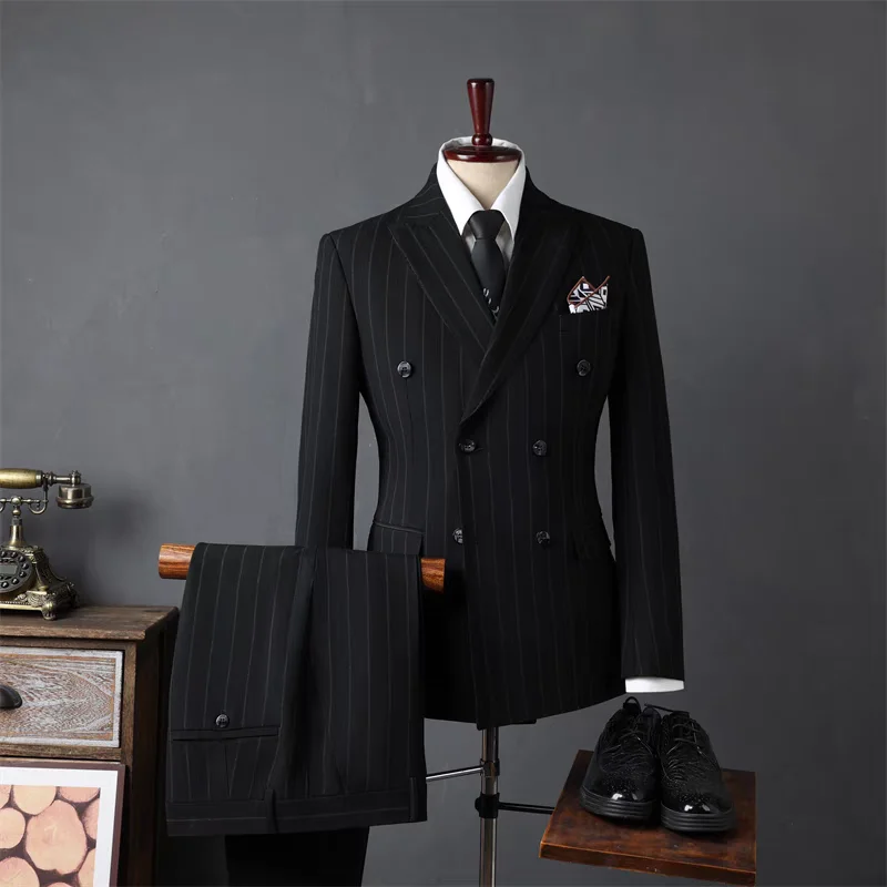 Double Breasted Black Stripe Men Wedding Suit Groom Tuxedo Blazer Pants formal Party  Business Office Male Suits