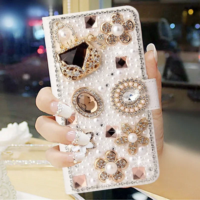 Luxury Crystal Rhinestone Wallet Leather Diamond Phone Case For iPhone14 15 12 13Pro Max XR 16 plus Pearl Flower Lipstick Cover