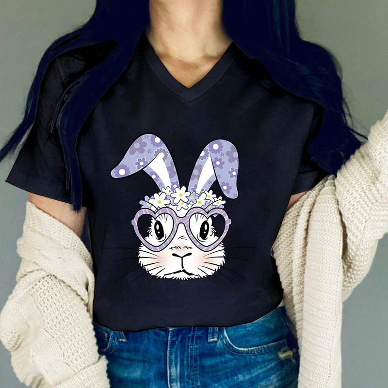 2024 Cute Heart Glasses Rabbit Printed T Shirt Women Funny Bunny Tshirt Femme Summer V-neck Tops Tees Harajuku Cartoon T-Shirt