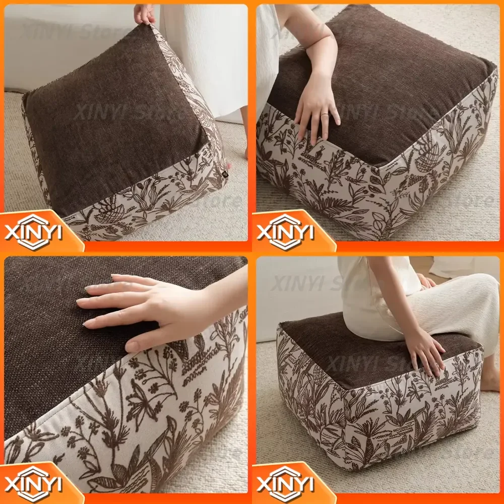 Vintage Floral Brown Floor Ottoman for Living Room Boho Chic Tufted Pouf Tatami Footstool Seat Multi Purpose Accent Pillow