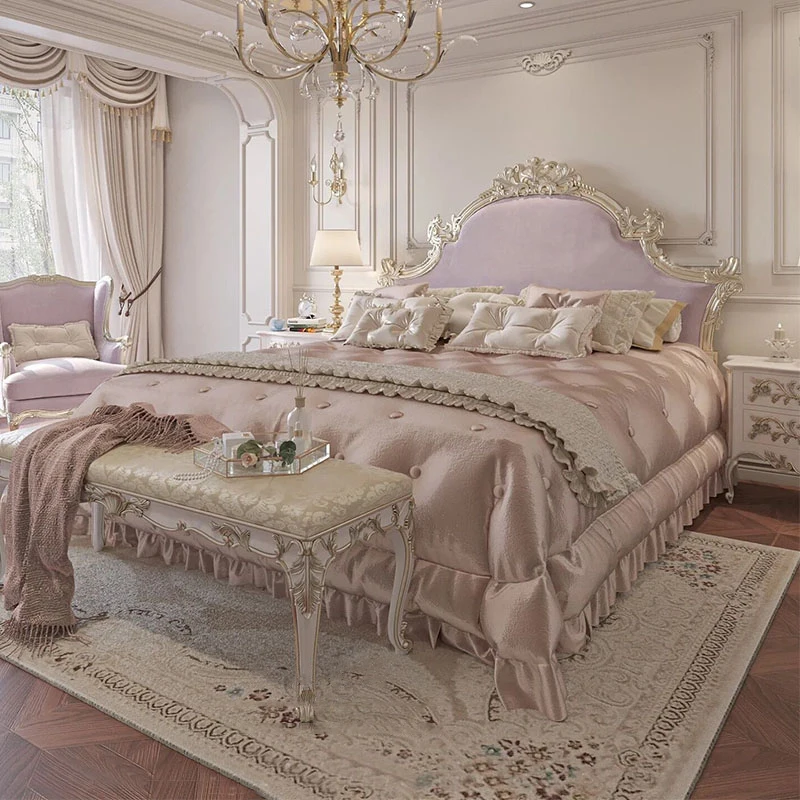 French light luxury solid wood bed Princess bed wedding bed Big bed carved royal European luxury master bedroom double bed