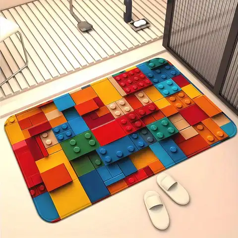 Colorful Building Blocks Door Mat - 3D Brick Pattern Non-Slip Floor Rug, Fun Kids Room Entry Mat for Home Decor, Multiple Sizes
