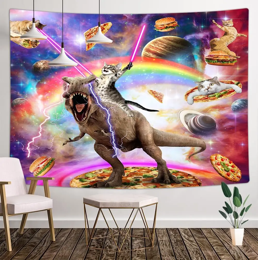 Cool Cat Riding Dinosaur on Fantasy Galaxy Space,Cute Hilarious Outer Universe Anime Tapestry for Bedroom Living Room Dorm