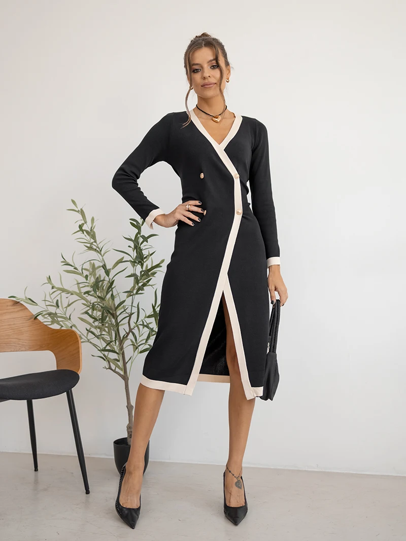 Robe en tricot à manches longues avec fente haute pour femmes, robes noires et brunes, rondes et sexy, élégant et vintage, été