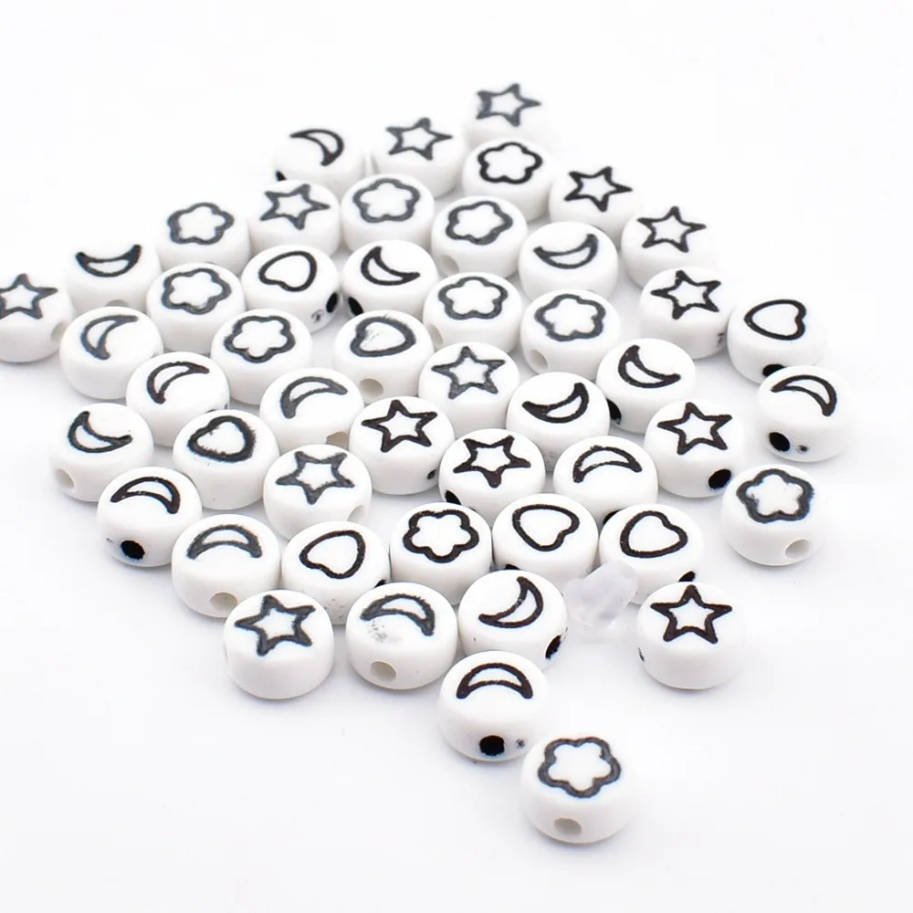 50 teile/los 7*4*1mm diy acryl buchstaben perlen runder weißer hintergrund mit schwarzen grafischen perlen für schmuck herstellung