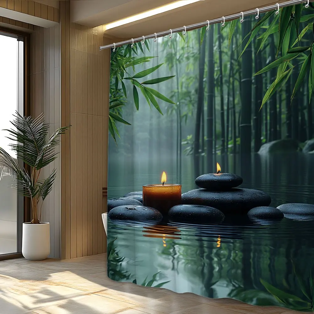 Soothing Bamboo Forest Shower Curtain for a Zen Bathroom, Featuring Tranquil Water, Stones, and Candles. This Serene 3
