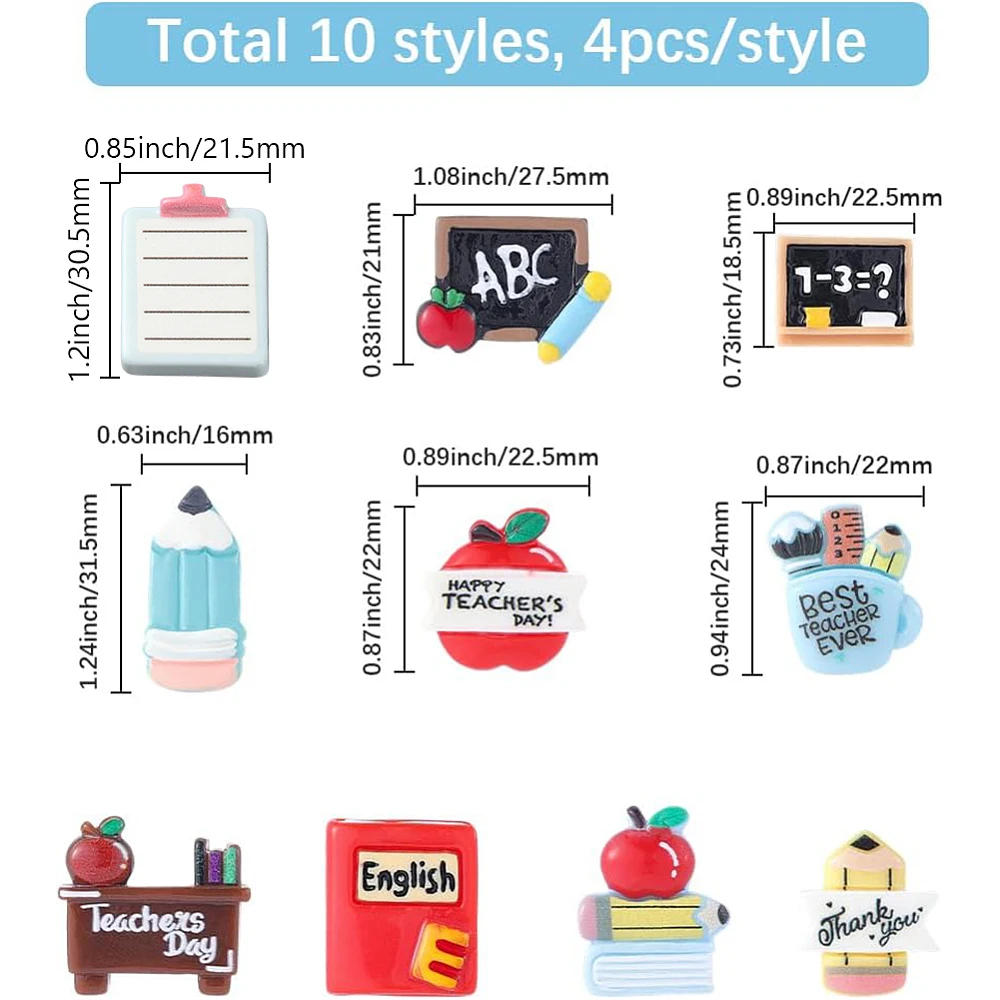 40Pcs 10 Styles Resin School Charms Teacher Cabochons Bulk Assorted Opaque Colorful Pencil Book Funny Back to School Cabochons