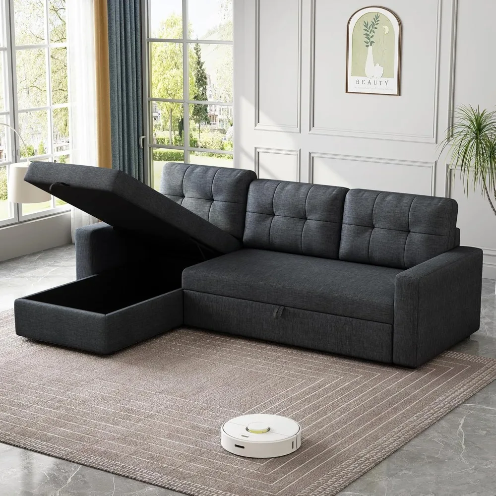 L-shaped triple sofa bed with storage chaise longue with 3 removable back cushions for living room, apartment