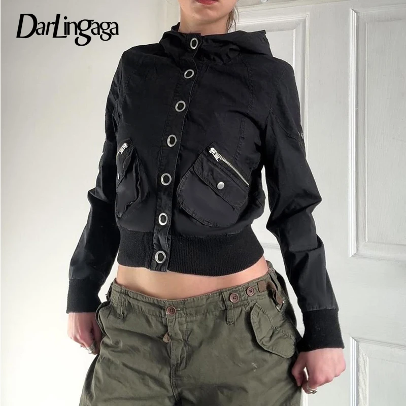 

Уличная одежда Darlingaga, черные куртки-карго с воротником-стойкой и капюшоном, женская осенне-зимняя однобортная верхняя одежда с карманами, пальто