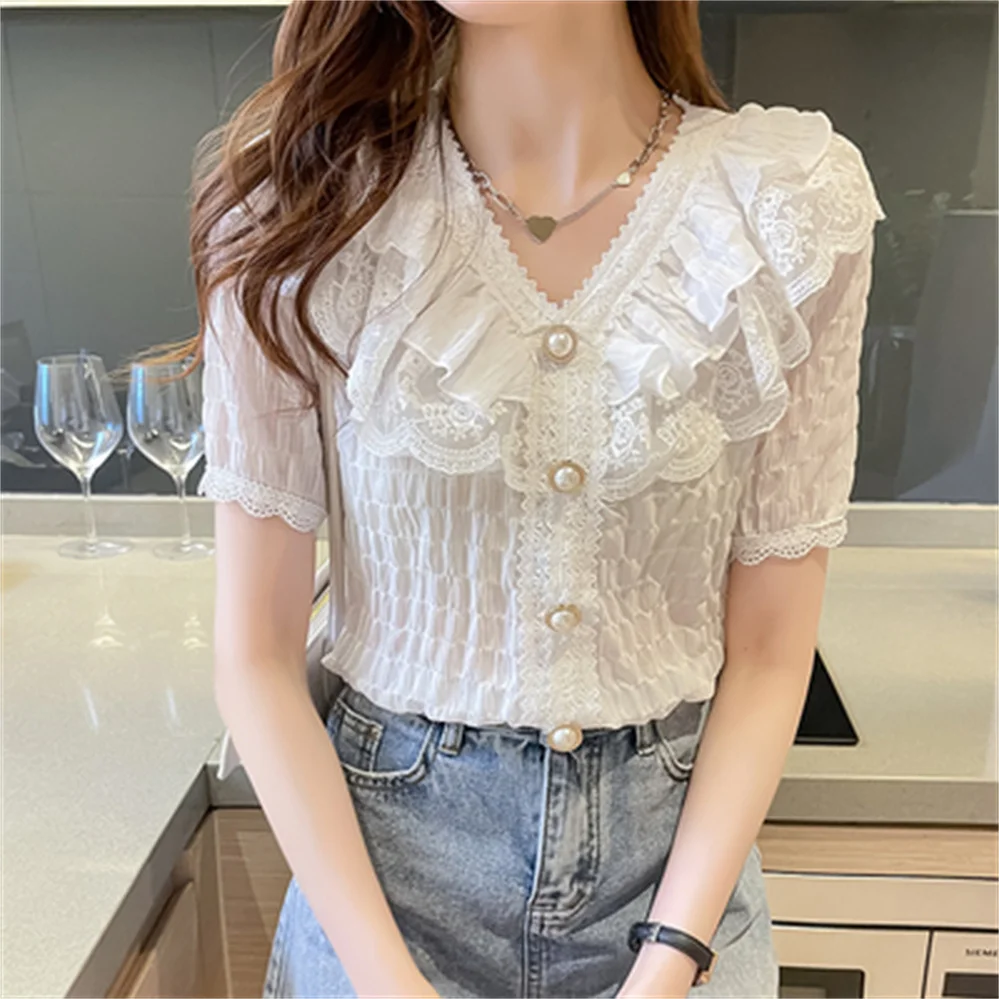 2023 Korean Ruffle Blouse Women Shirt White Chiffon Lace Blouse Sweet V-neck French Vintage Style Short Sleeve Tops H2229