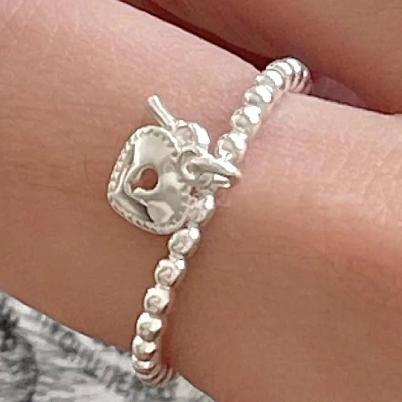 

925 Sterling Silver Luxury Quality Jewelry Heart Lock Adjustable Elegant Rings For Women Elegant Accessories Argent 925