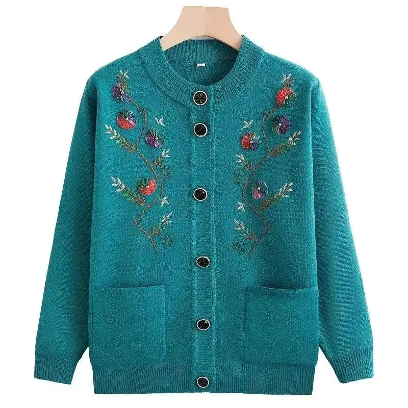 

Midd Aged Elderly Sweater Cardigan Women Jacket New Autumn Winter Long Sleeved Single Breasted Embroidery knitt Coat Female Tops