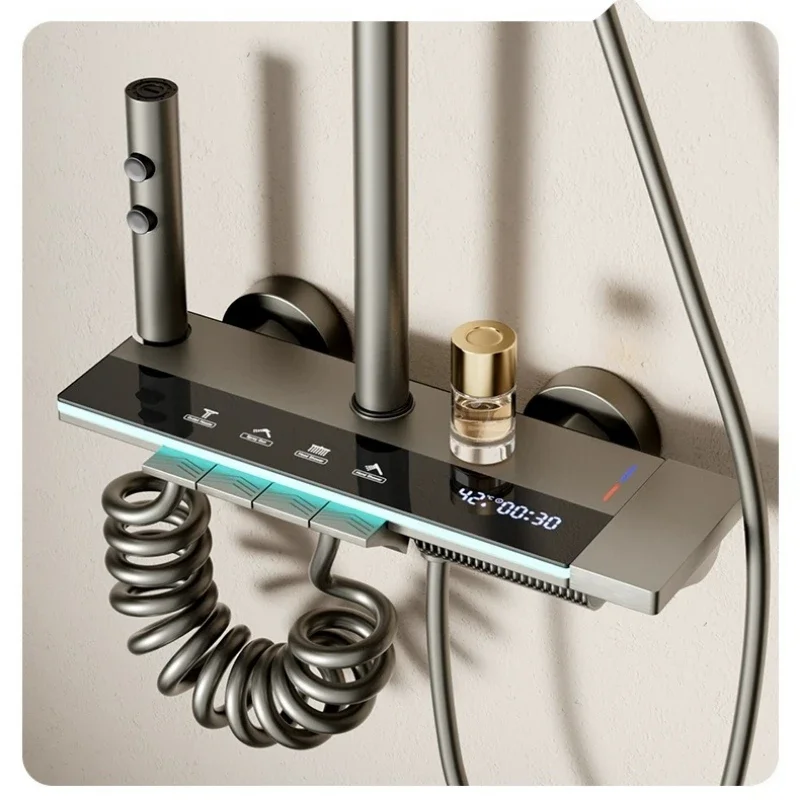Grey shower Set Four-Function Smart Digital Display Shower System Rainfall Pressurized Wall-mounted Piano Key Shower Faucet Set