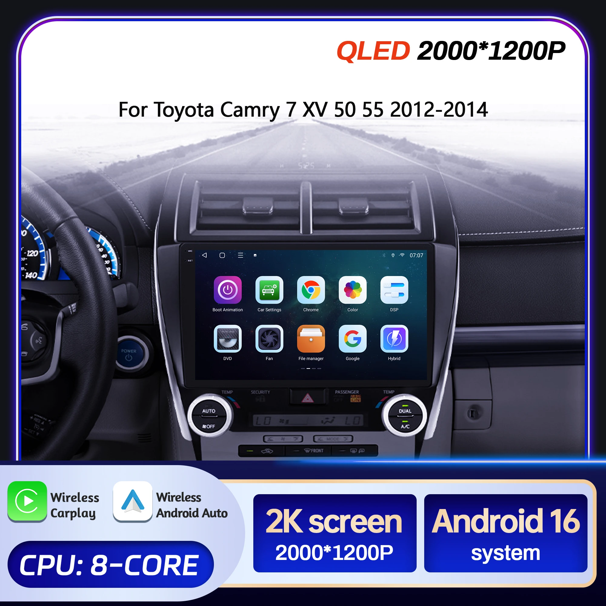 Radio Multimedia para Auto de 10 Pulgadas para Toyota Camry 7 XV 50 55 2012-2014, Sistema Android 16, BT, Carplay, Android Auto, Pantalla QLED 2K, GPS, 5G