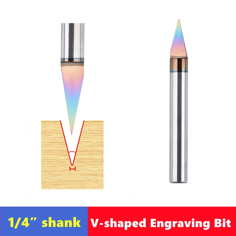 

6,35 мм (1/4 дюйма) V-образный хвостовик для резьбы 20 ° 30 ° , твердый карбидный долбежный инструмент с DLC-покрытием, деревообрабатывающая фреза