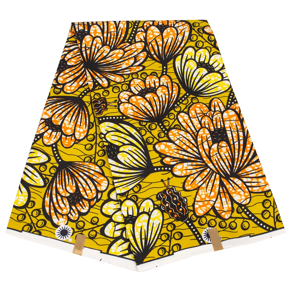 

Vintage Wax Print Fabric African High Quality Yellow Background Floral Printed Ankara Real Wax Polyester Sewing Material Fabrics