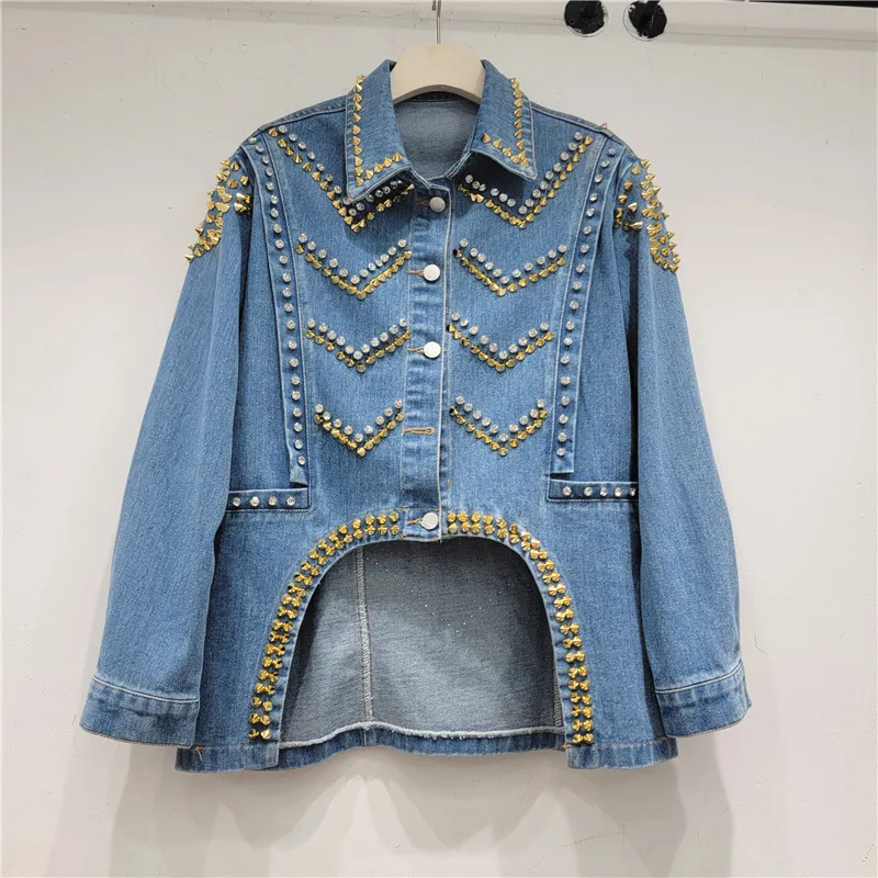 

Streetwear Women Blue Short Denim Coat Spring Heavy Work Rivet Beaded Irregular Hem Lapel Long Sleeve Jean Jacket Chaqueta Mujer